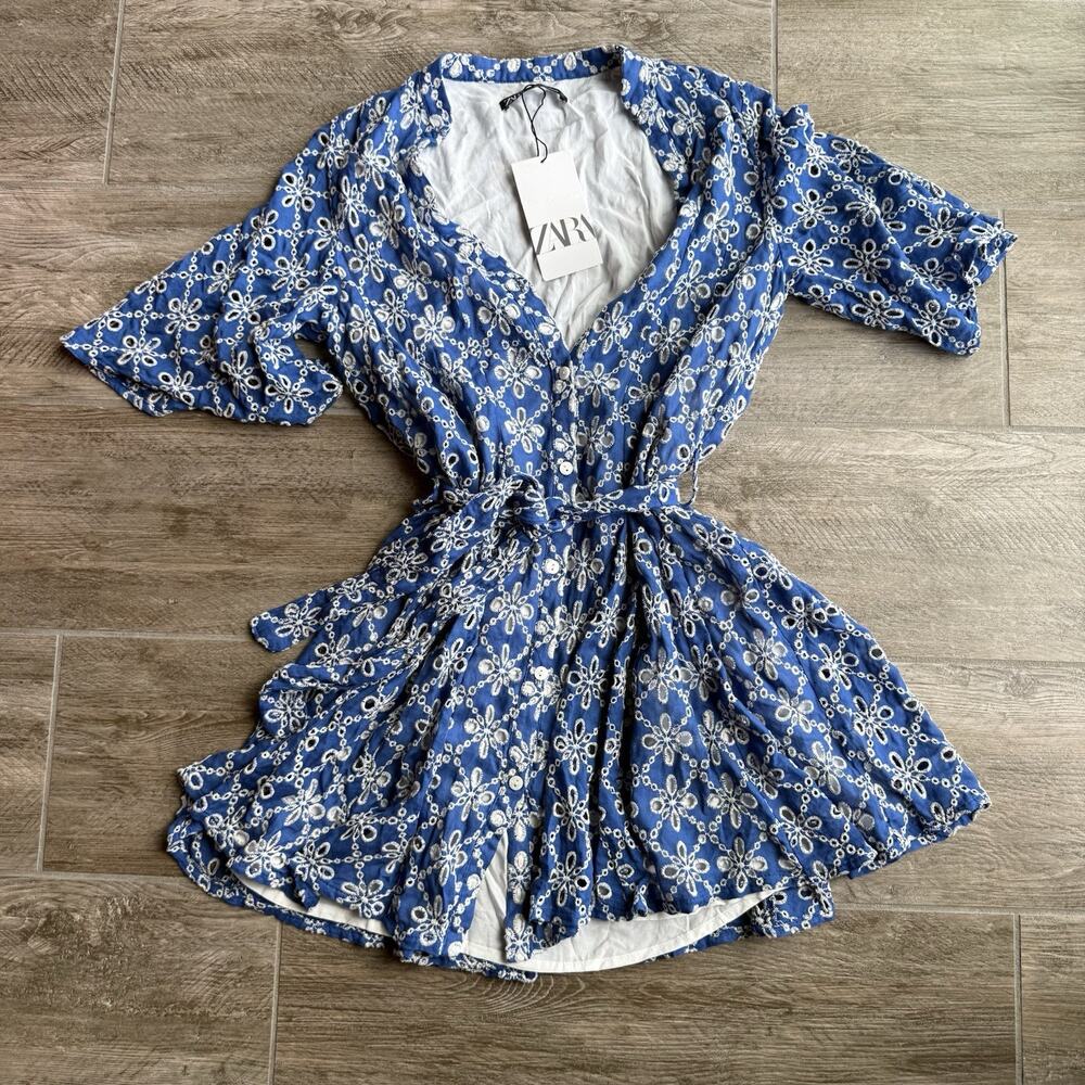 ZARA NWT Blue Eyelet Embroidered Dress XS Floral Lace Tie Waist Short Sleeve